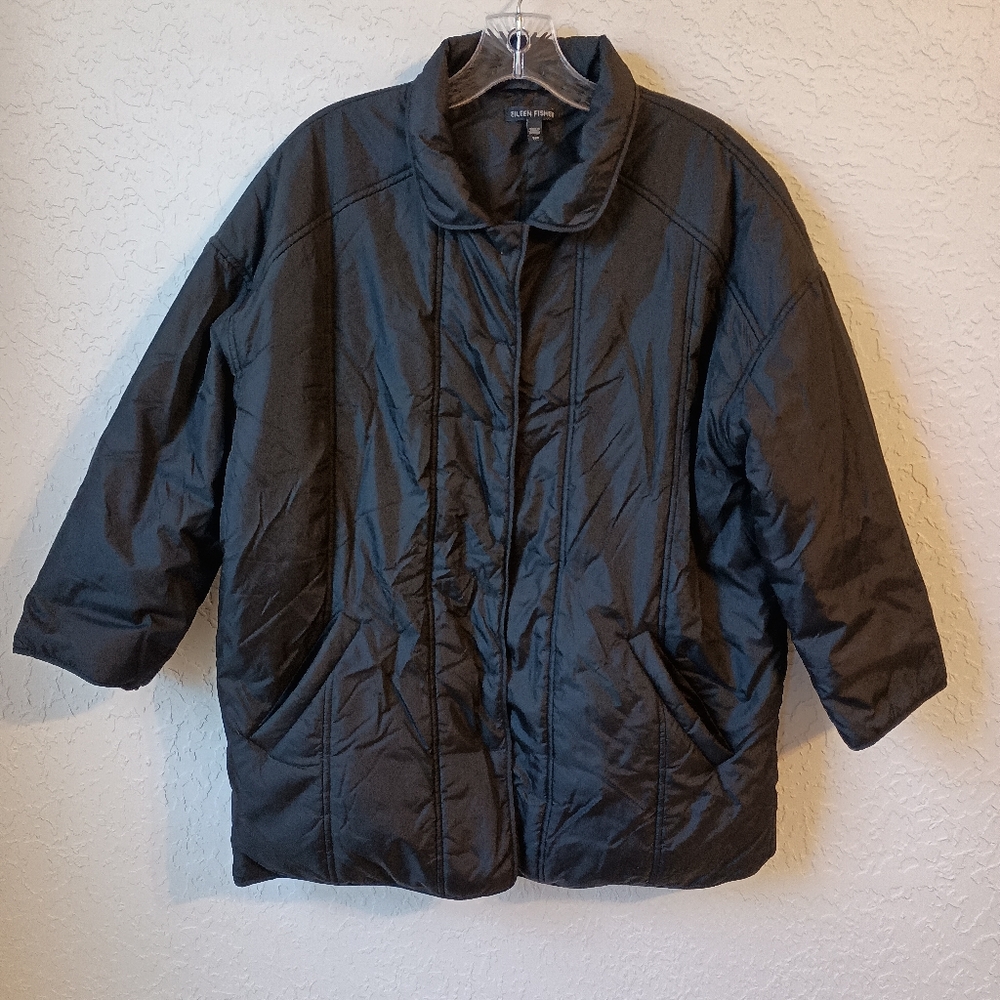 Eileen Fisher Puffer Jacket Black Sz Small Petite Snap Button Closure w Pockets